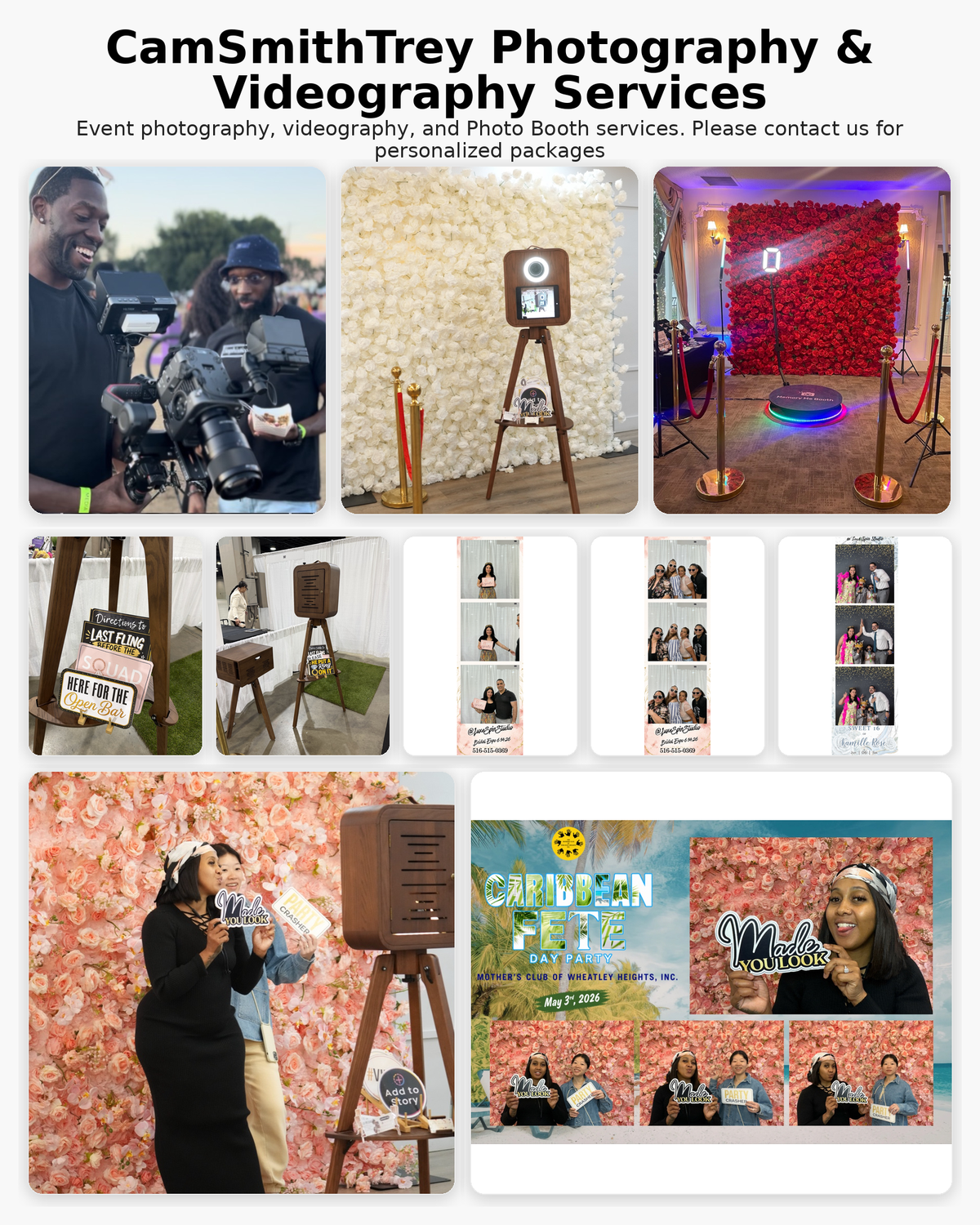 CamSmithTrey photography and videography collage with event coverage and photo booth examples.