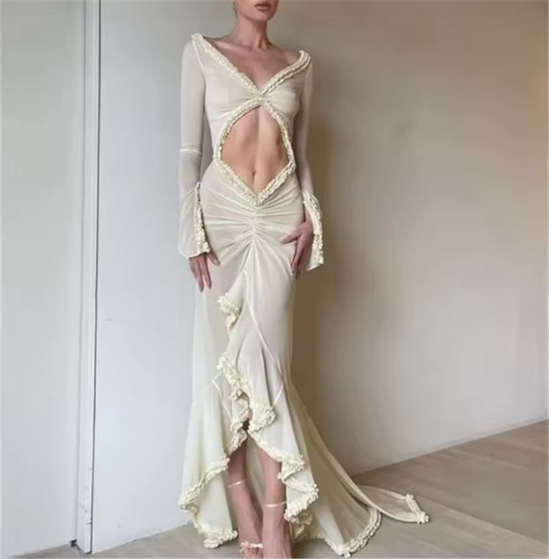 Women Sexy Mesh Sheer Maxi Dress Y2k Floral See Through Low Cut Backless Bodycon Fitted Long Dress Party Dress Night Gown LARGE