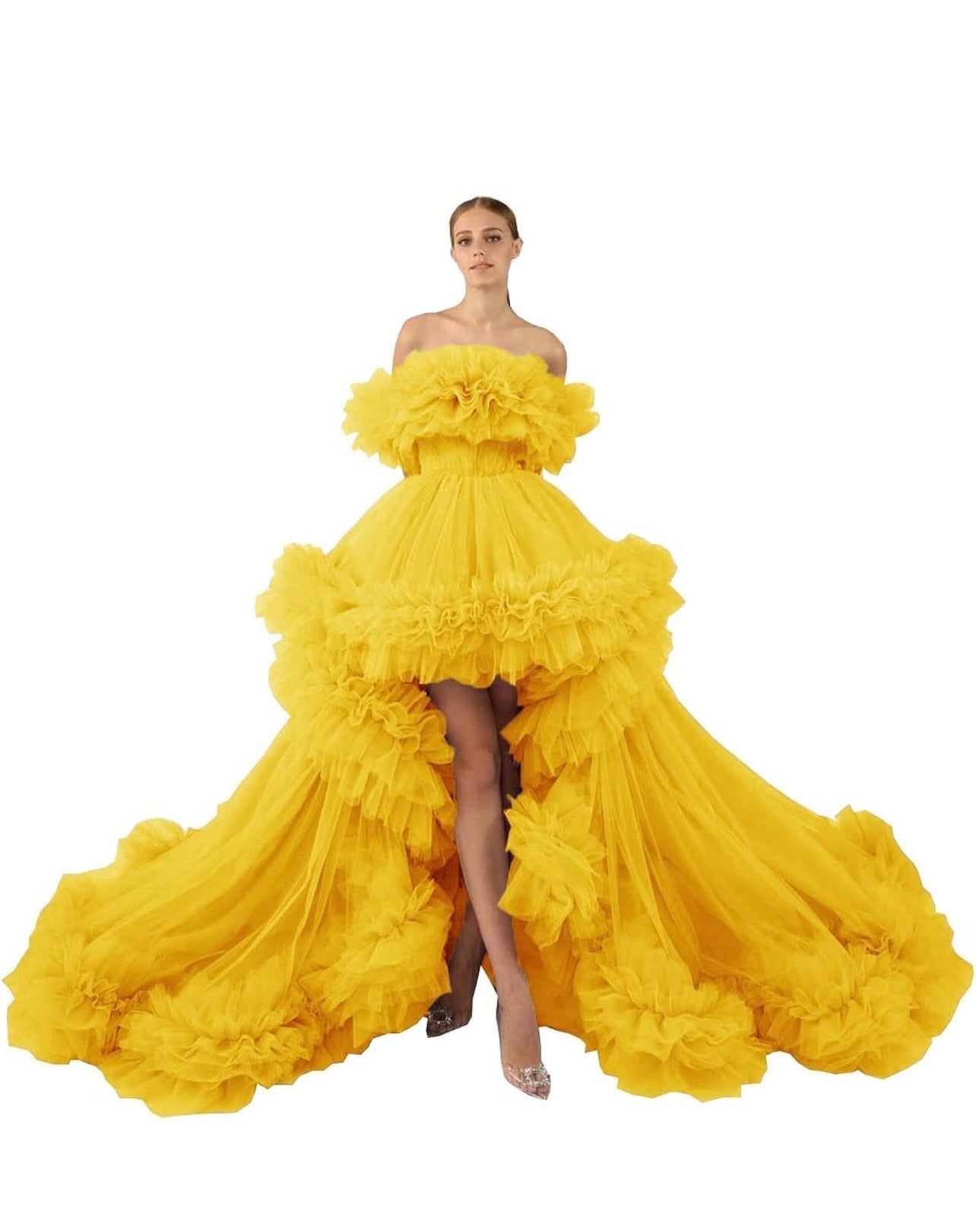 Women's YELLOW Puffy Tulle Prom Dress for Women Off the Shoulder High Low Formal Party Wedding Gown L-XL
