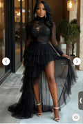 Illusion Mock Neck Tiered Mesh Party Maxi Mullet Dresses-Black MEDIUM