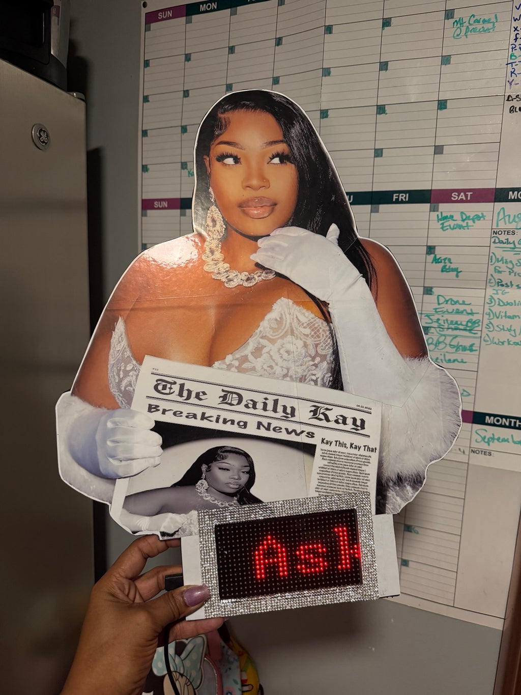 Custom big head party prop with LED sign