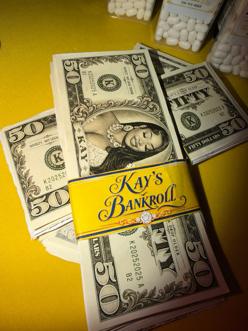 Custom personalized novelty bills with Kay's Bankroll money band