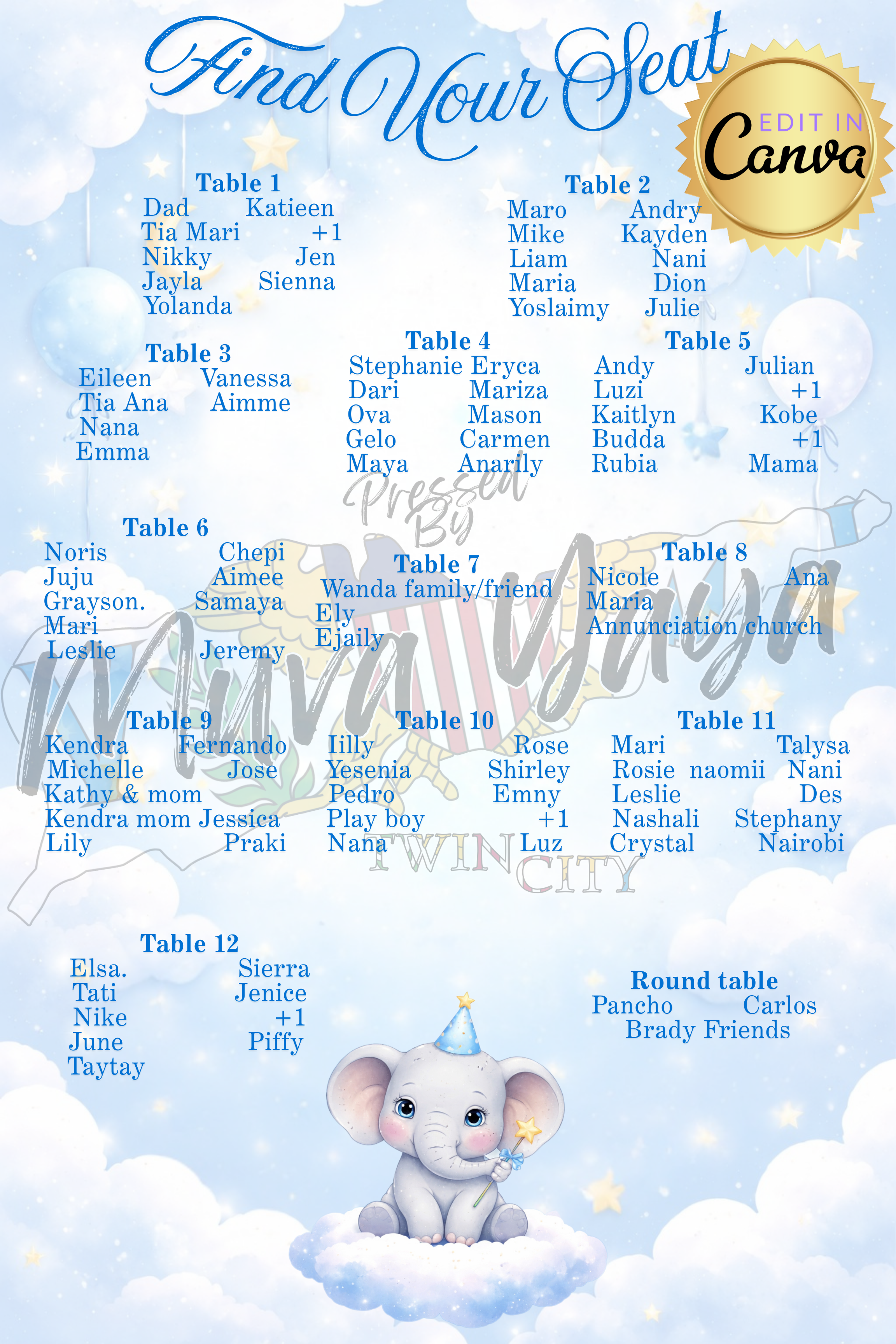 EDITABLE Blue Elephant Baby Shower Seating Chart TEMPLATE