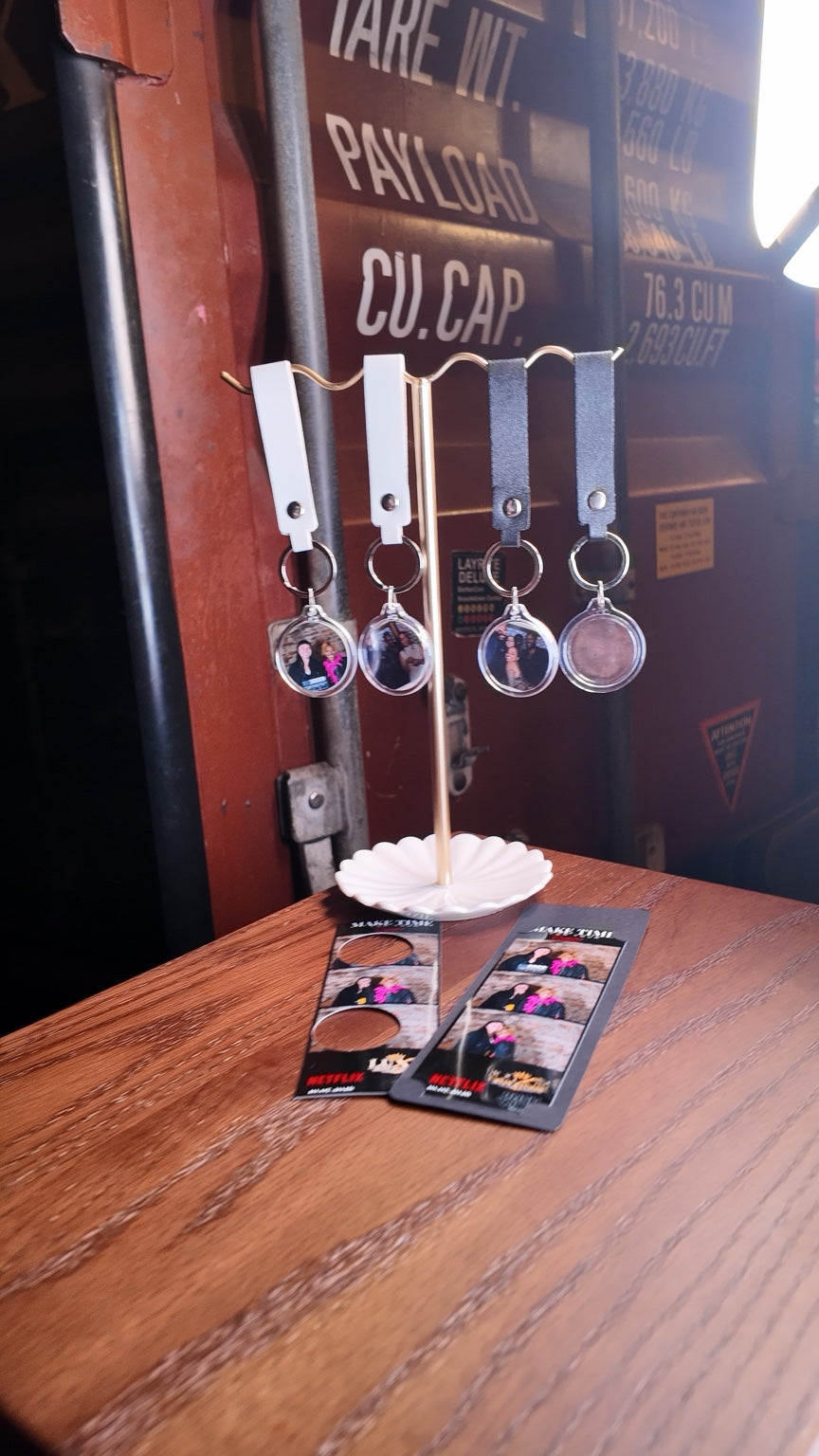 Luxe Spin Studio on-site photo keychain station display
