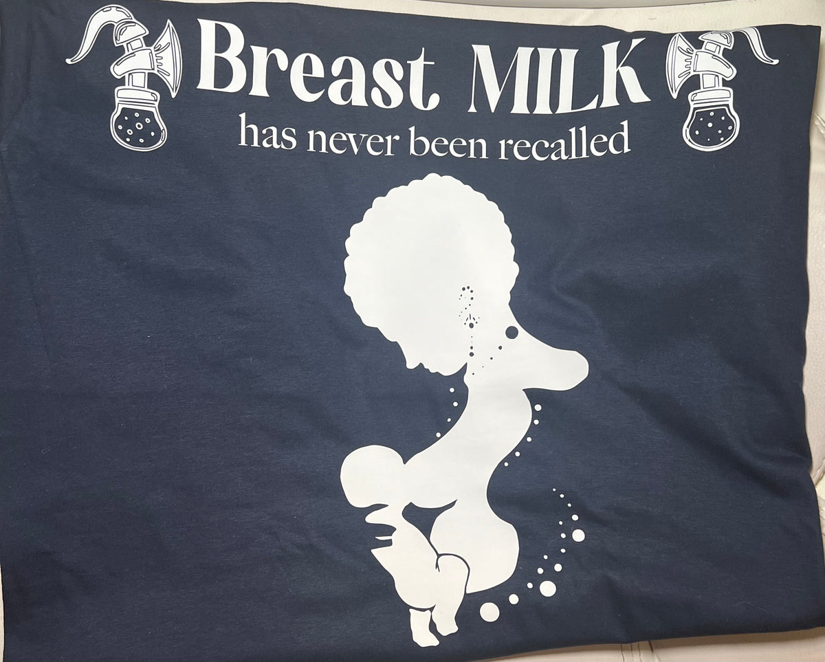 White breastfeeding-themed graphic applied to a dark T-shirt.