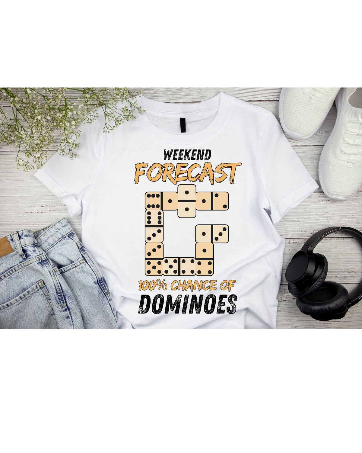 White T-shirt with a personalized domino-themed graphic design.