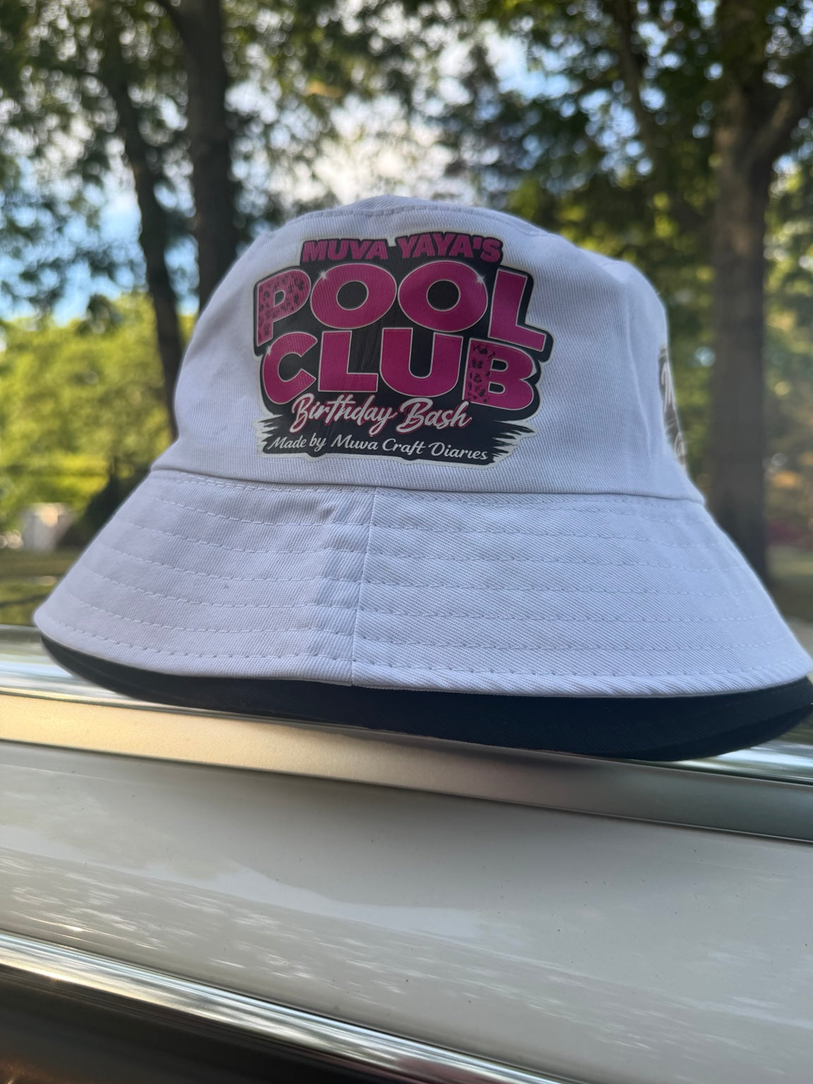 White custom bucket hat with Pool Club Birthday Bash design, made by Muva Craft Diaries