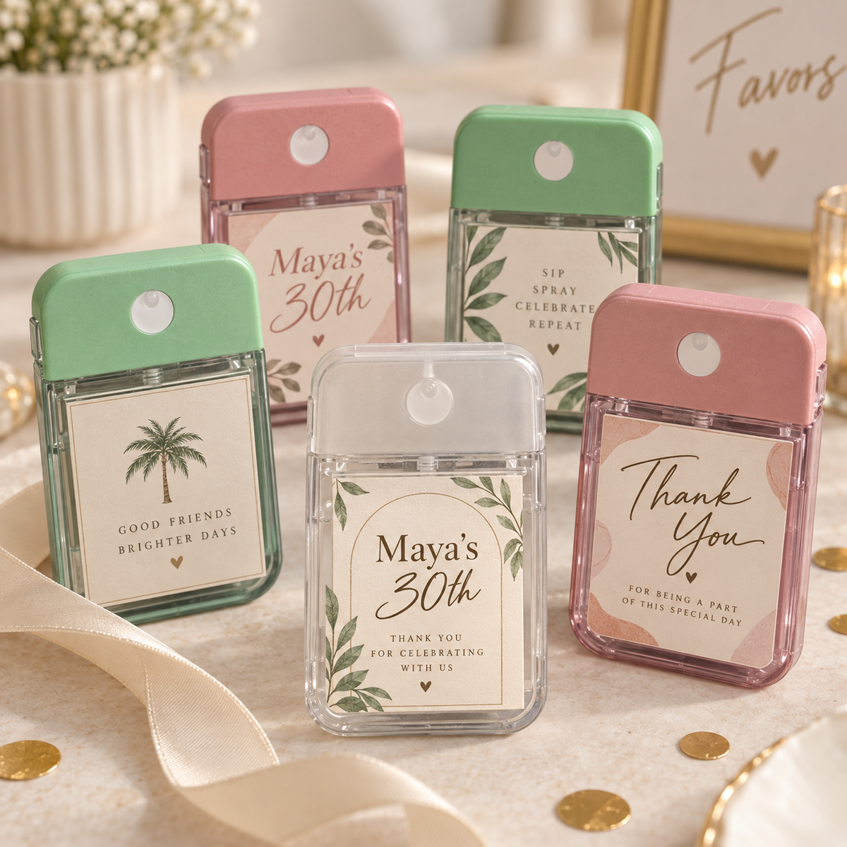 Personalized mint green, blush pink, and clear card-style hand sanitizer party favors